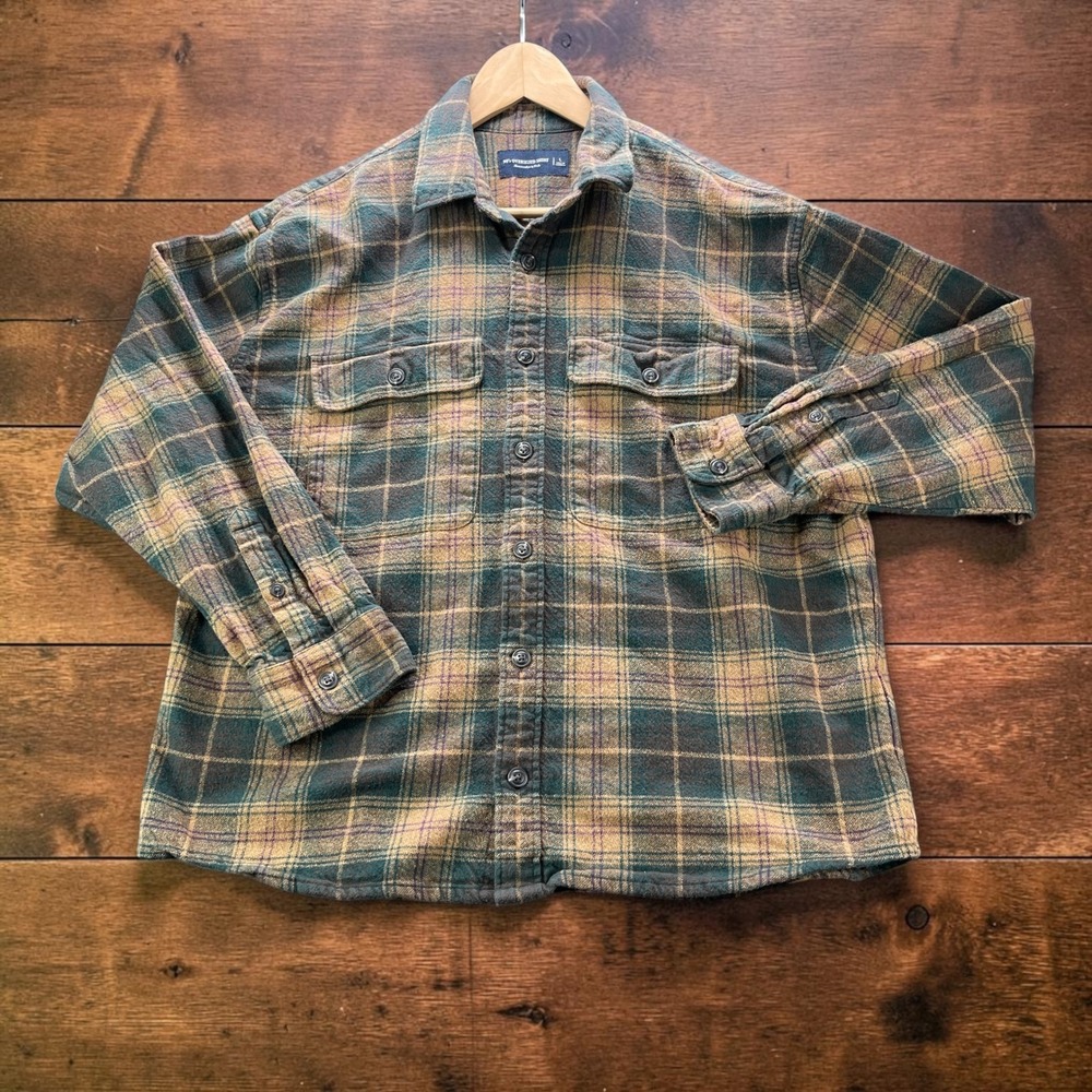 Abercrombie & Fitch 90s Oversized Shirt Green Tan Plaid Thick Flannel Mens LARGE